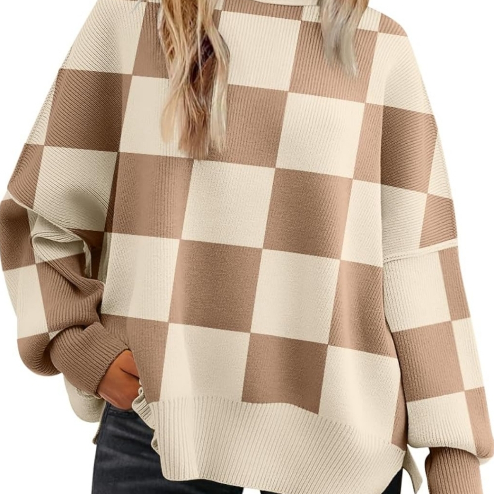 Checkered Crew Neck Sweater - Cream and Brown